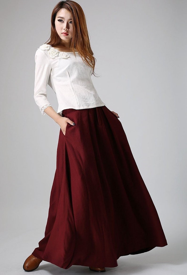 Burgundy skirt, linen skirt, maxi linen skirt, Asymmetrical skirt, women linen skirt, linen skirt pockets, women linen clothing 0910 image 1