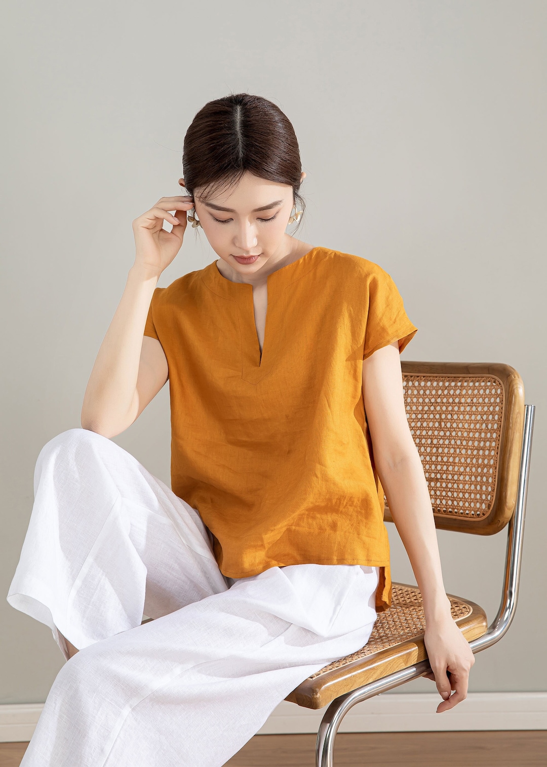Yellow Linen Shirt, Womens Linen Top, Short Sleeve Casual Linen