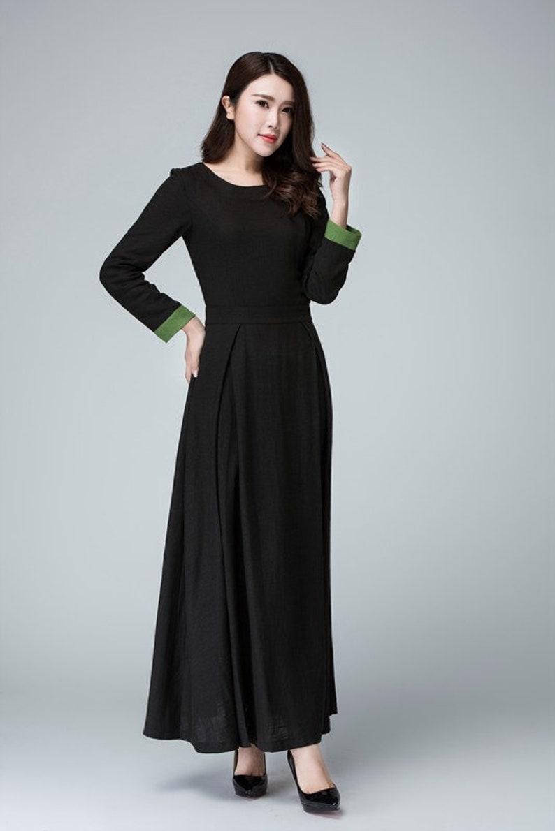 Long Sleeve Maxi dress in Black, Linen dress, Women's dress, Prom dress for women, full length dress, Contract Cuff Long party dress 1450 image 8