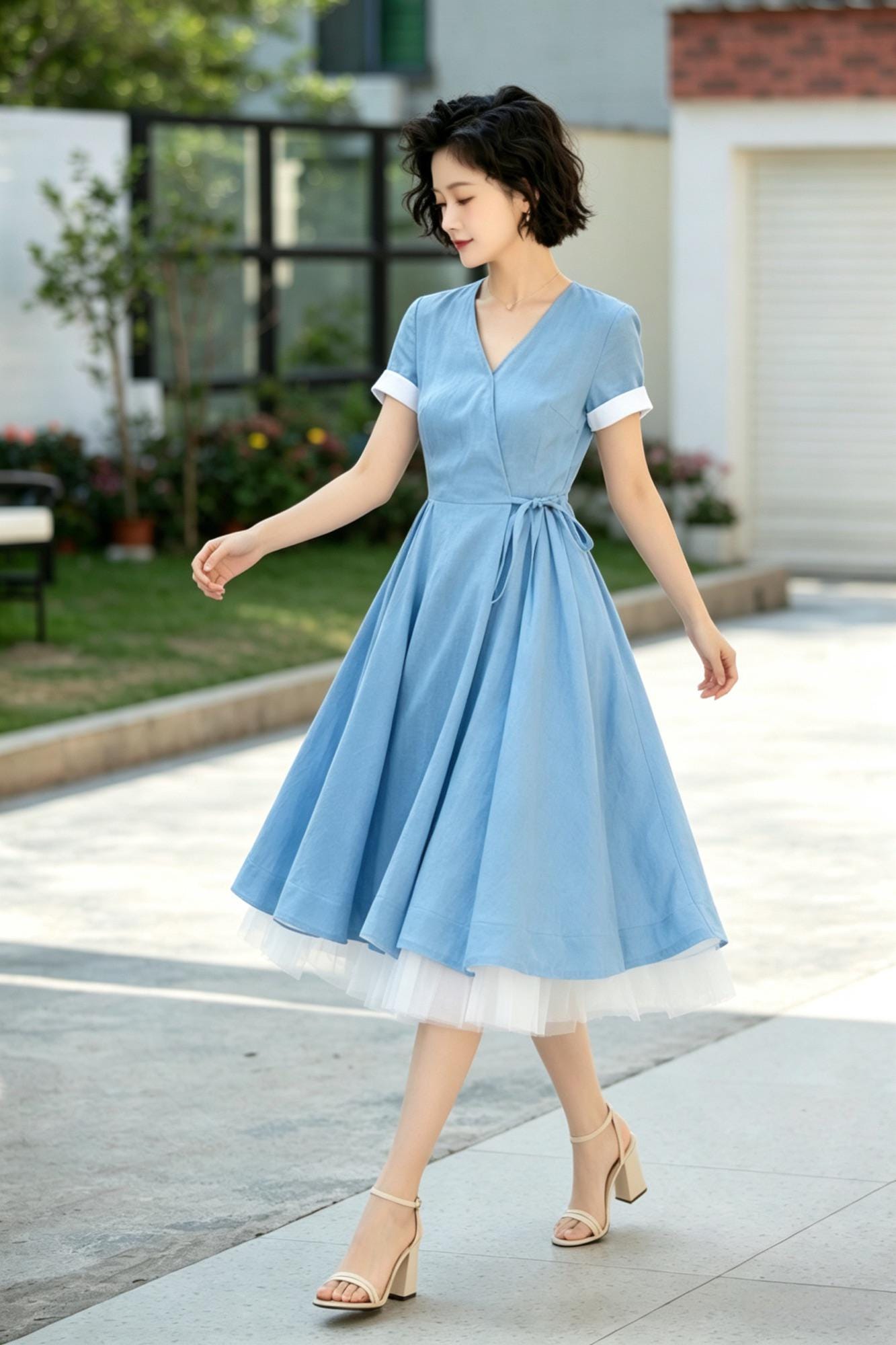 Blue Linen Wrap Dress, French Retro V Neck Midi Dress, Elegant A