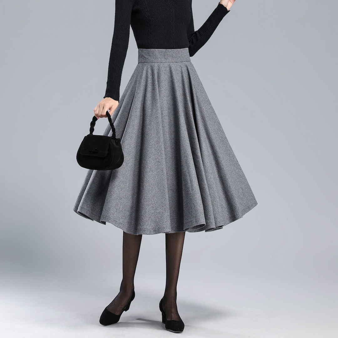 Gray Wool Skirt, Wool Circle Skirt, Wool Midi Skirt Women, Pleated ...
