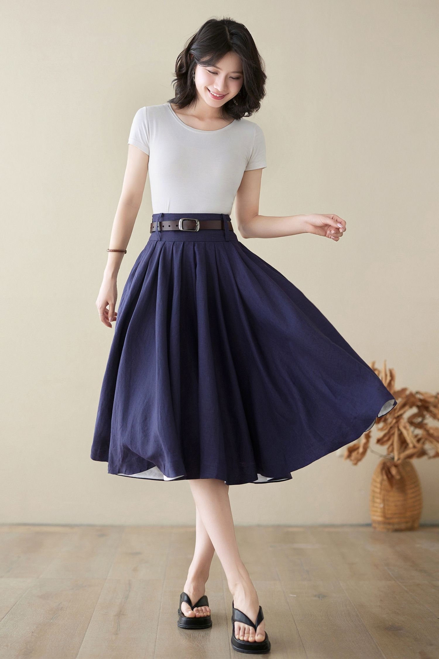 Linen Circle Skirt, Swing Midi Skirt, Pleated High Waist Skirt