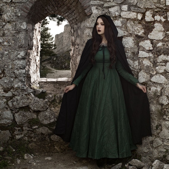 Black Medieval Linen Maxi Cloak with Hood, Linen Ranger Hooded Cloak, Fantasy Cosplay Costume Cape, Long Linen Hooded Renaissance Cloak 3288