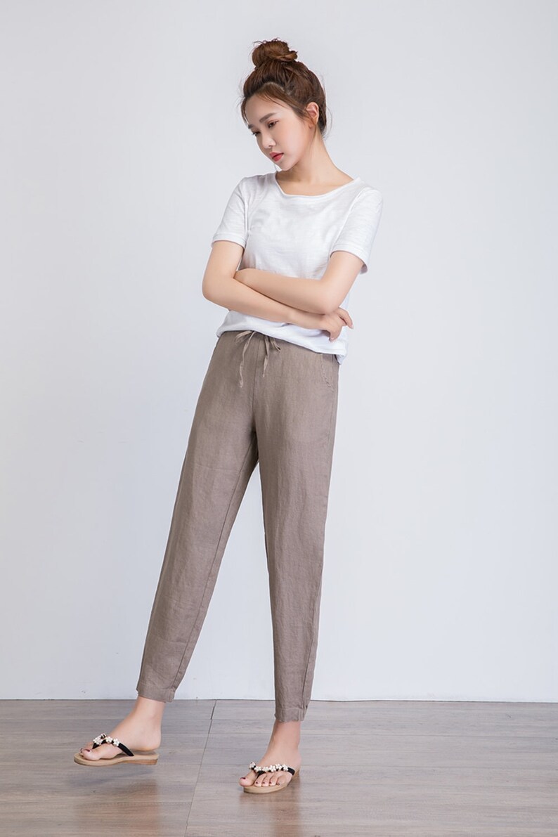 Linen pants Cropped pants women brown linen trousers | Etsy