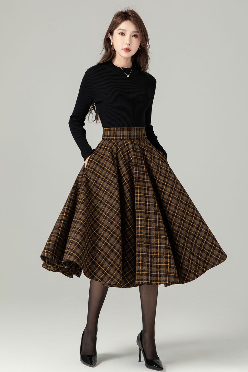 Midi-Woll-Karorock, Swing-Wollrock, Woll-Kreisrock, Winter-Herbst-Rock für Damen, hoch taillierter Wollrock, Retro-Tartan-Wollrock 4498 Bild 7