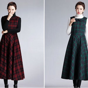 Plaid Wool Dress, Wool Pinafore, A-Line Plaid Wool Midi Dress, Sleeveless Tank Wool Dress, Autumn Winter Wool Dress, Handmade Dress 4009