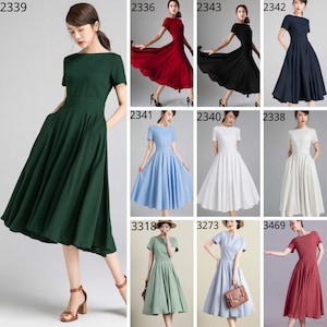 Puede incluir: Una colecci&oacute;n de vestidos midi con mangas cortas, escote barco y falda plisada con vuelo. Los vestidos est&aacute;n disponibles en varios colores s&oacute;lidos, incluyendo verde oscuro, rojo, negro, azul marino, azul claro, blanco, crema, salvia y granate.