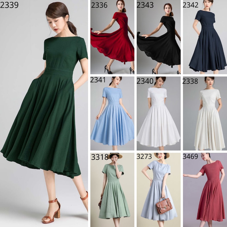 Puede incluir: Una colecci&oacute;n de vestidos midi con mangas cortas, escote barco y falda plisada con vuelo. Los vestidos est&aacute;n disponibles en varios colores s&oacute;lidos, incluyendo verde oscuro, rojo, negro, azul marino, azul claro, blanco, crema, salvia y granate.