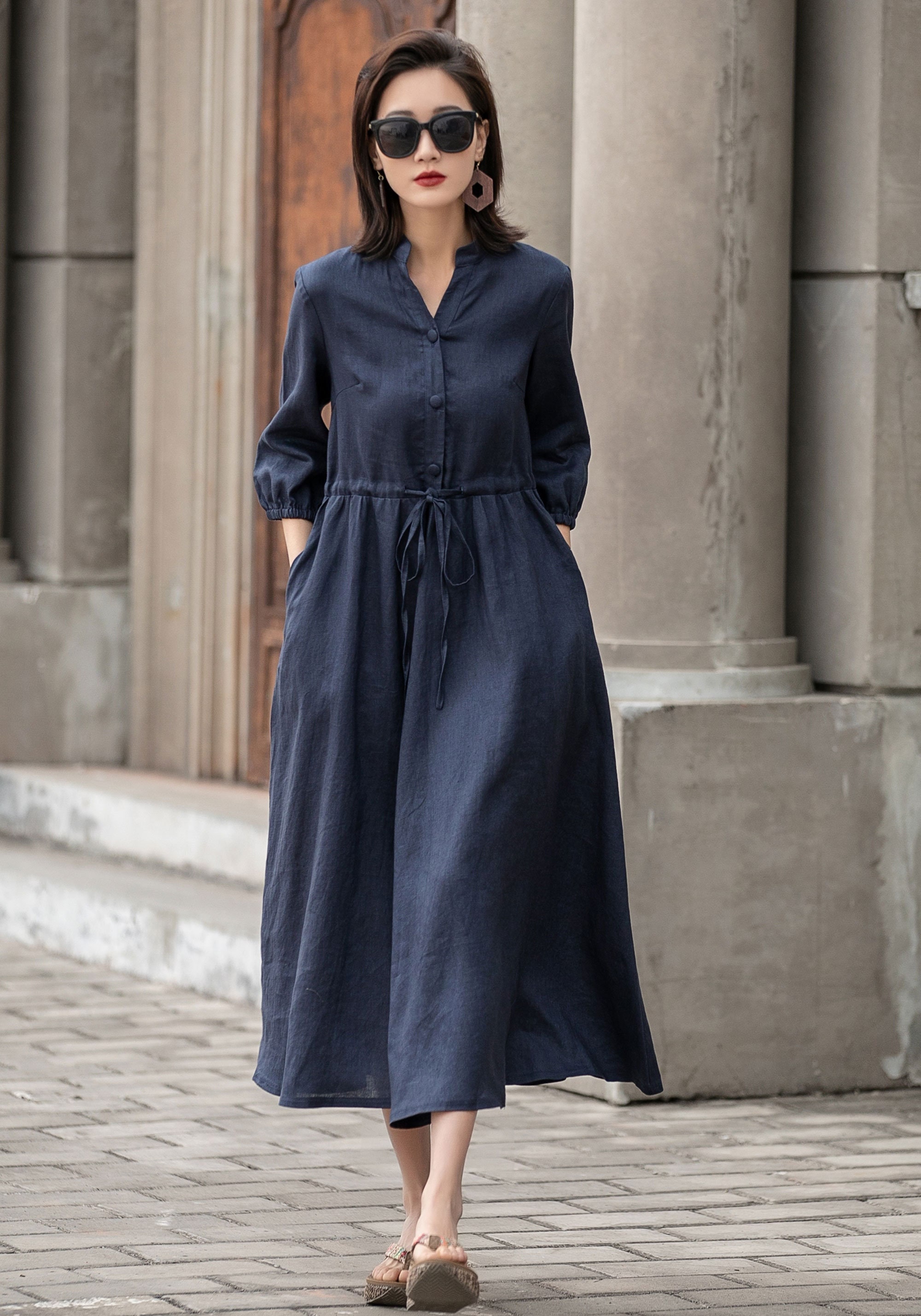 Swing Linen Shirt Dress, Button Front Shirtdress With Pockets, High Waist  Swing Midi Collarless Dress, Custom Made Dress 2594 