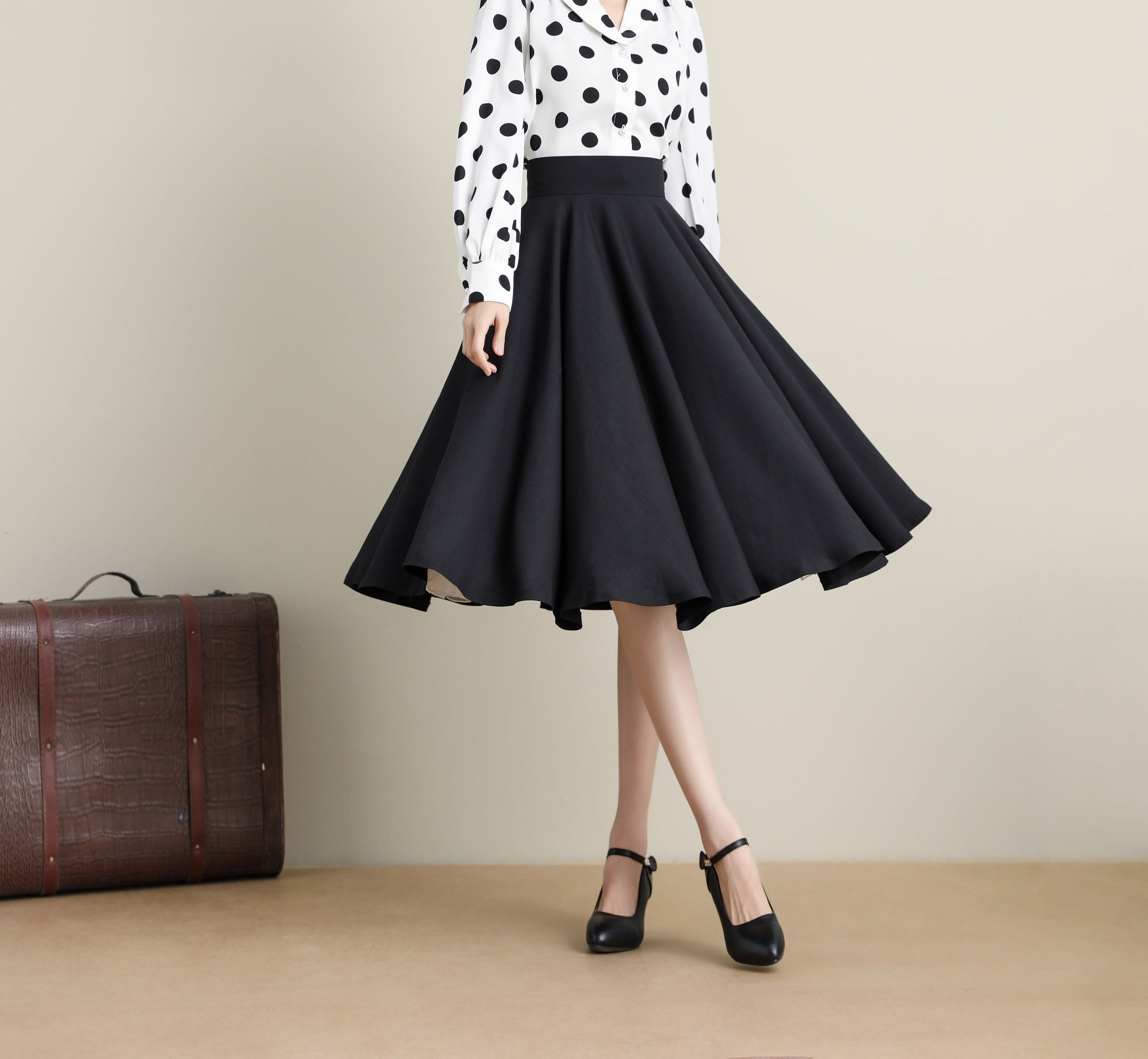 【LOULOUSEOUL】Heart Dot Midi Skirt (Black) Wholesale Black Milk Polka Dots Elastic Waist Midi Skirt