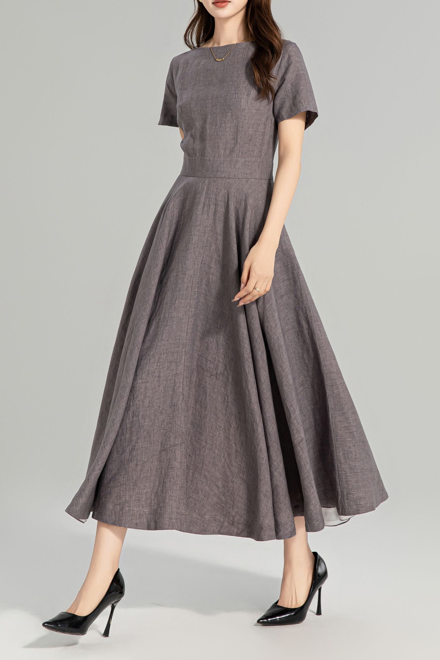ワンピース LIGHT GREY LINEN MIDI DRESS Grey Linen Dress, Midi Linen Dress, Swing Midi Dress, Fit