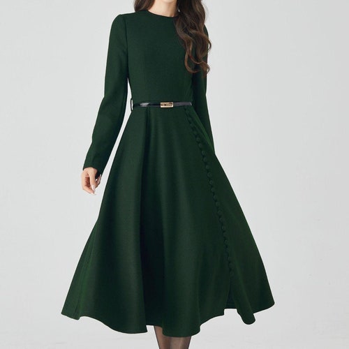 Dark Green Long Wool Dress, Wool Midi Dress, Winter Wool Dress, Womens Wool Dress, Handmade Dress, Long Sleeve Dress, Custom Dress 4522