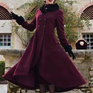 Wool Coat, Winter Coat, Double Breasted Wool Coat, Wine Red Wool Coat, Warm Coat, Long Wool Coat, Retro Wool Coat, Asymmetrical Coat 3895#