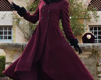 ロングウールコート、レディースウールトレンチコート、ワインレッド