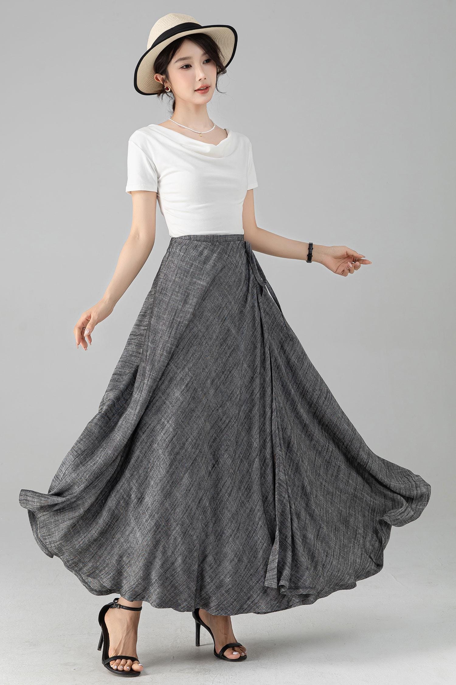 Linen Wrap Skirt, Grey Swing Maxi Linen Skirt, Summer Spring
