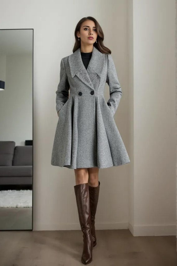 Gray Wool-blend Coat for Fall & Winter, Elegant Double Gray Wool-blend Coat for Fall & Winter, Elegant Double