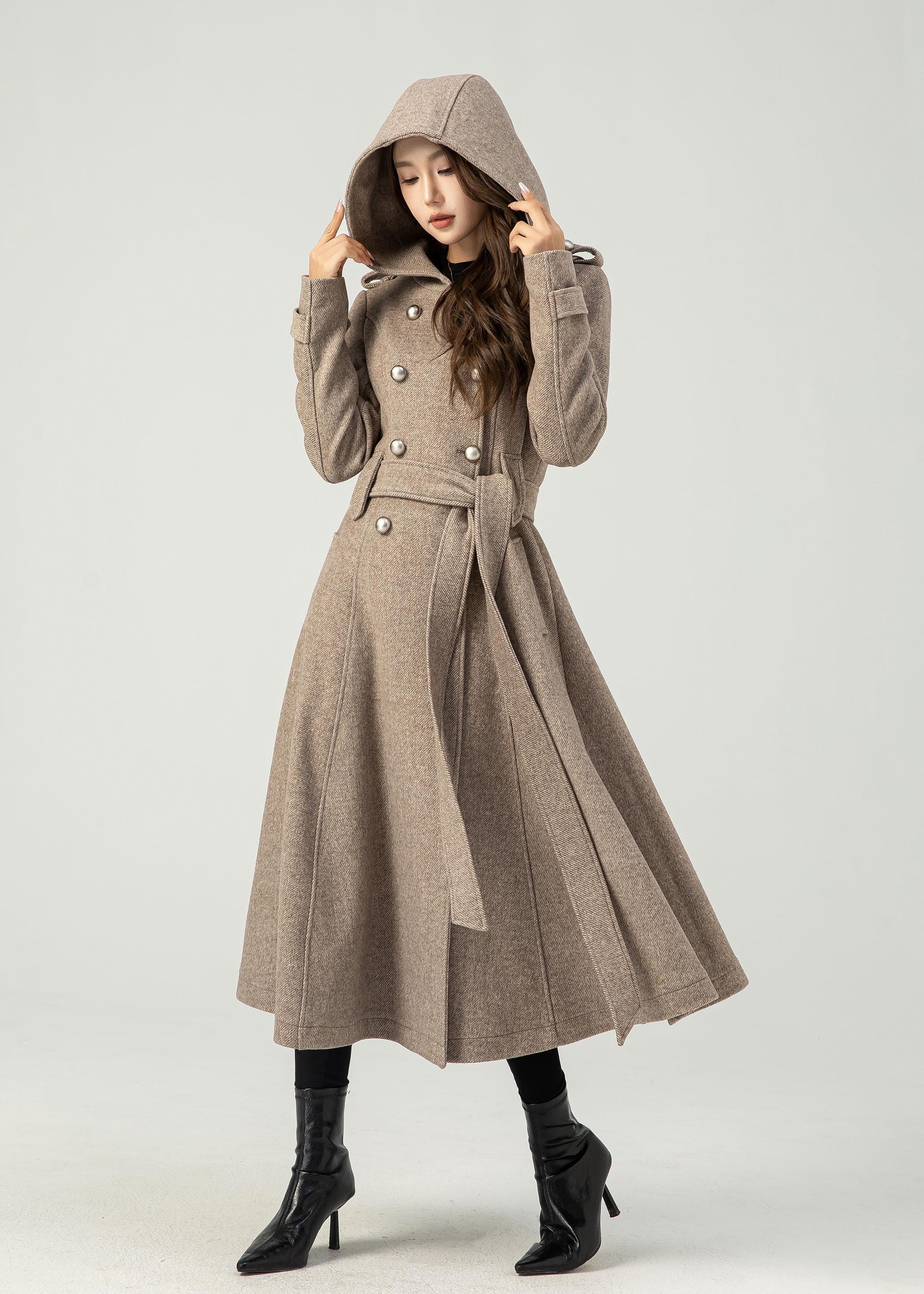 Hooded Wool Coat, Long Wool Coat, Double Breasted Coat, Trench