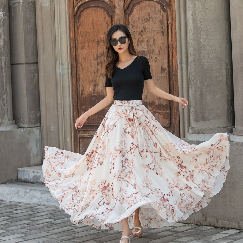 Floral Maxi Chiffon Skirt Women Elastic Waist Long Skirt - Etsy
