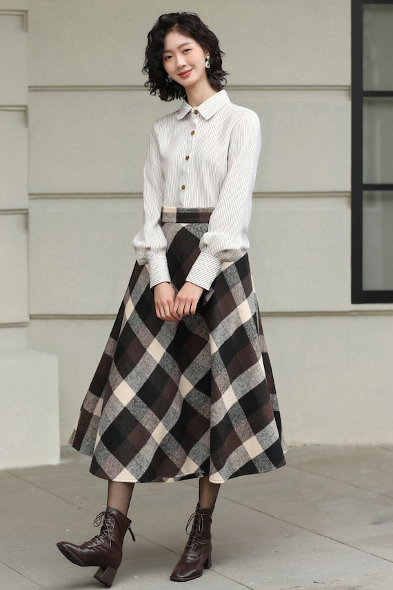 Plaid Wool Midi Skirt: High Waisted A-Line Vintage Style, Plus size, Custom, Xiaolizi 6421#