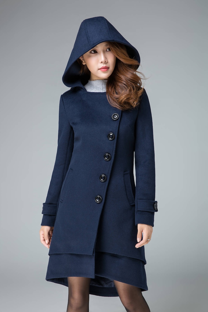 Asymmetrische jas, Hooded jas, wollen jas, winterjas vrouwen, minimalistische jas, marine jas, herfst winter bovenkleding, Handgemaakte jas 1842 afbeelding 4