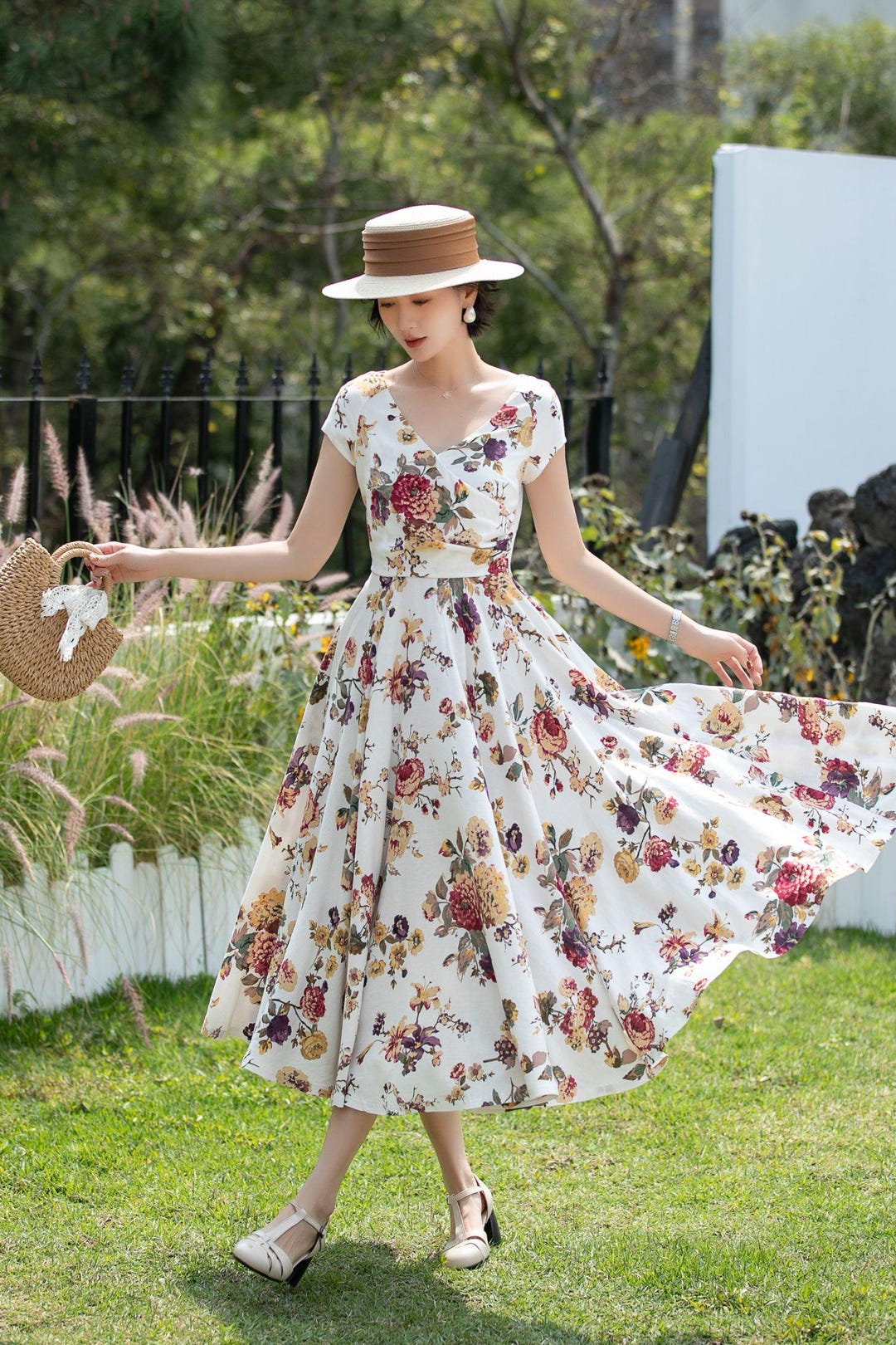 Floral Linen Cotton Midi Dress for Women – Short Sleeve Fit and