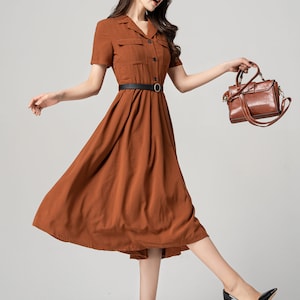 Midi shirt dress for Women, Pleated Shirt work Dress, Green Fit Flare Summer Midi Dress, Military Swing Dress, Short Sleeve Long Dress 2821 2-brown