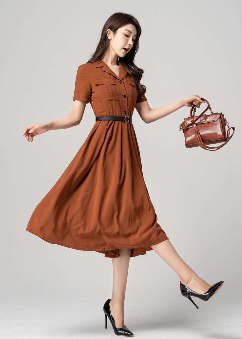 Midi shirt dress for Women, Pleated Shirt work Dress, Green Fit Flare Summer Midi Dress, Military Swing Dress, Short Sleeve Long Dress 2821 2-brown