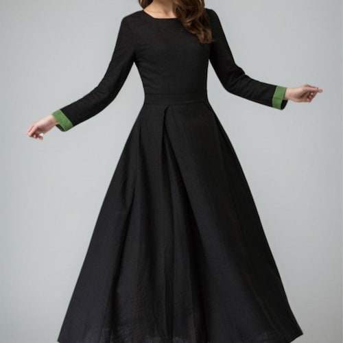 Black Linen Maxi Dress  Vintage Gothic Inspired Long Sleeve Dress 1450 Black / XS