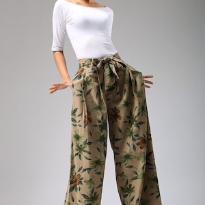 Gray palazzo pants, wide leg pants, womens long pants, linen pants, pleating pants, custom made, pockets pants, plus size available 0839 Floral-0692#