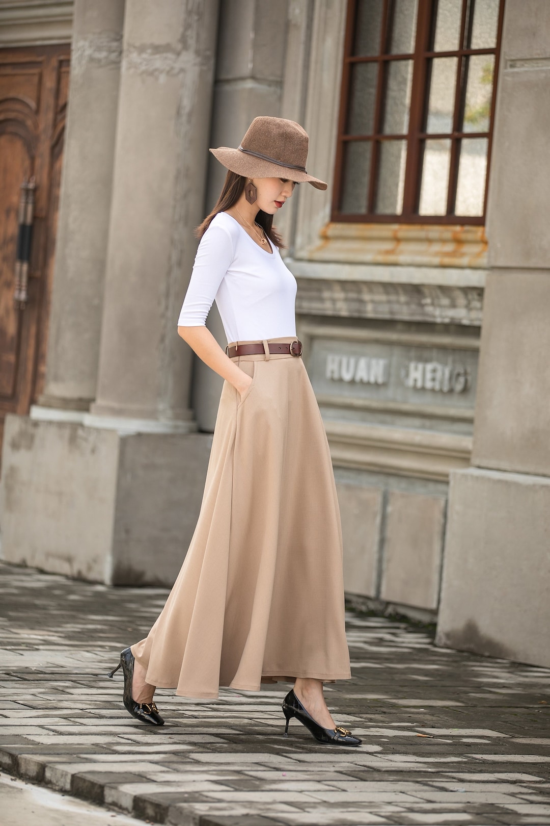 A-line Khaki Work Maxi Skirt, Long Skirt, A Line Swing Skirt A-line Khaki Work Maxi Skirt, Long Skirt, A Line Swing Skirt