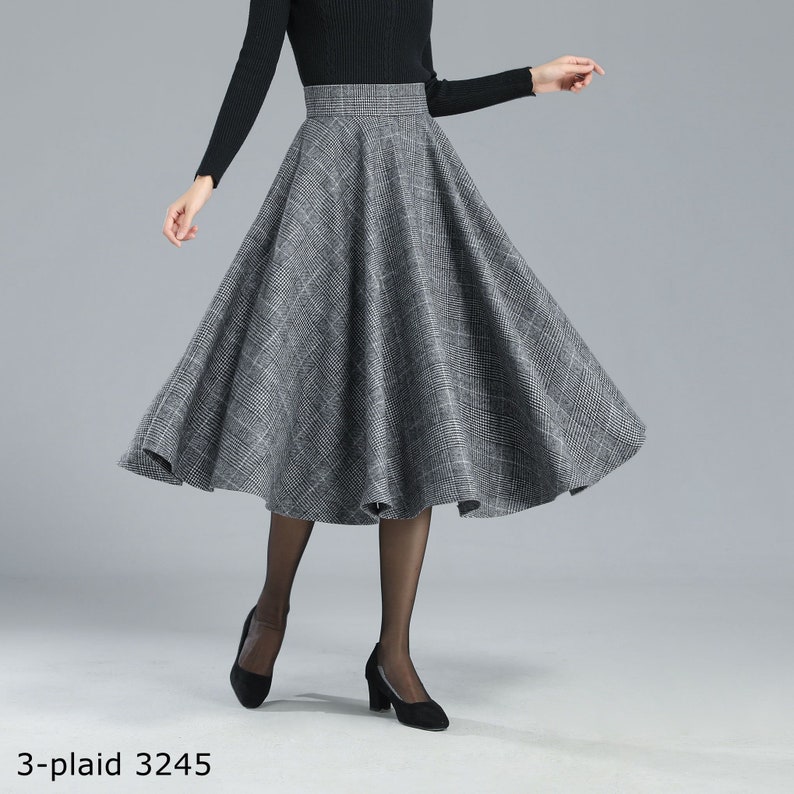 Plaid Wool Skirt Women, Tartan Wool Circle Skirt, High Waist Wool Skirt, Flared Winter Autumn Skirt with Pockets, Swing Wool Skirt 3167 3-plaid 3245