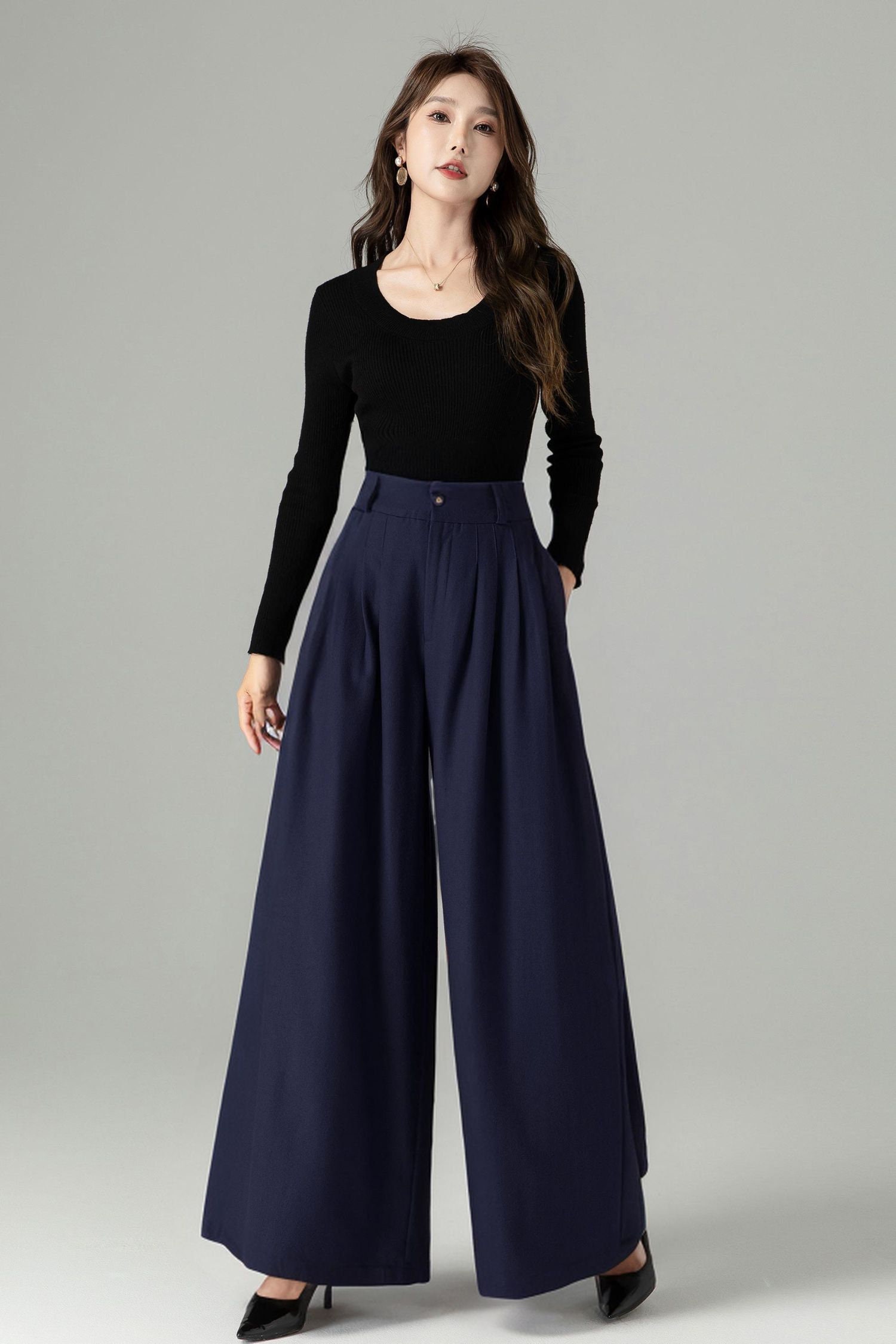 Wide Leg Wool Pants, Dark Blue Long Wool Pants, Belted