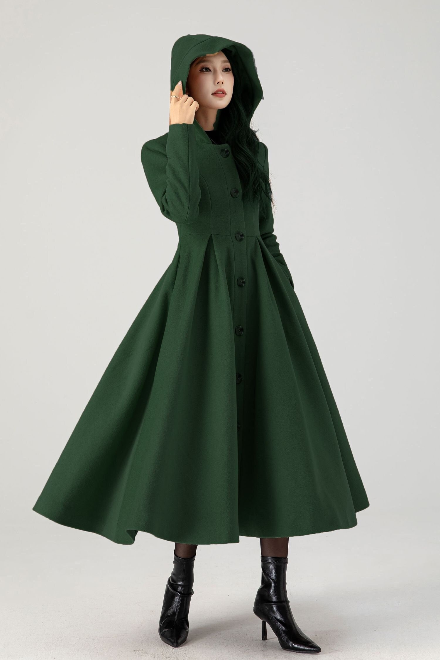 Women's Winter Single Breasted Wool Coat, Green Swing Hooded
