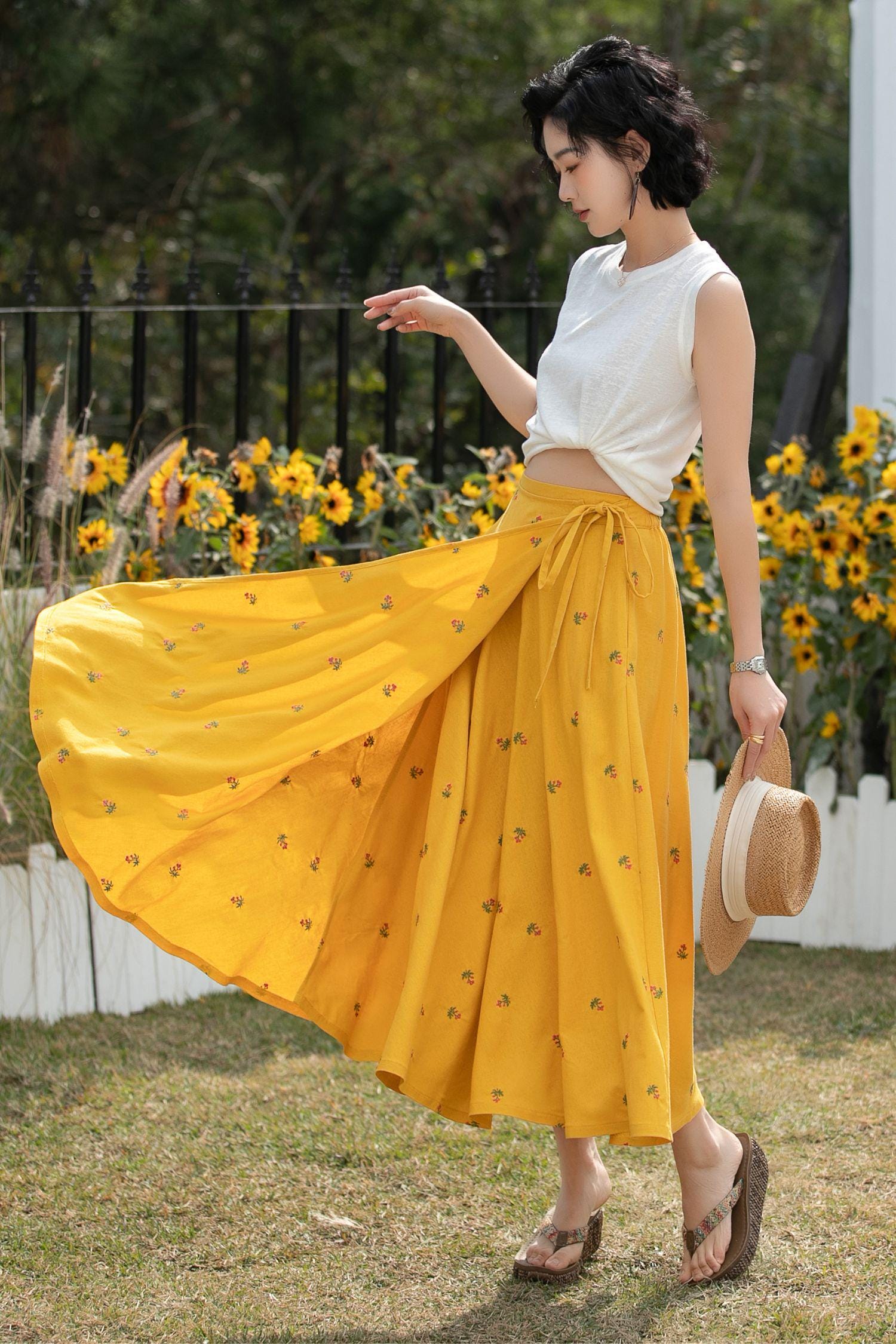 Mustard Yellow Linen Maxi Skirt for Women, Ditsy Floral Wrap Skirt