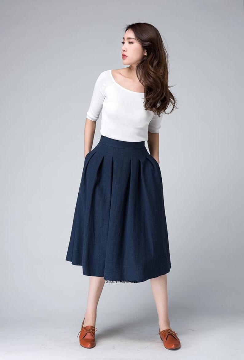 High Waist A Line pleated midi skirt, Women's swing vintage skirt with pockets, Linen midi skirt, Xiaolizi 1500 image 3