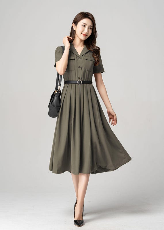 Vintage Green Linen Shirt Dress – 50s Inspired Swing Midi Dress 5764 Emerald Green / Xs Military-inspired Dress, Army Green Midi Shirt Dress, Womens Button up  A-line Swing Dress, Short Sleeves Summer Work Dress, Xiaolizi 5784# - Etsy