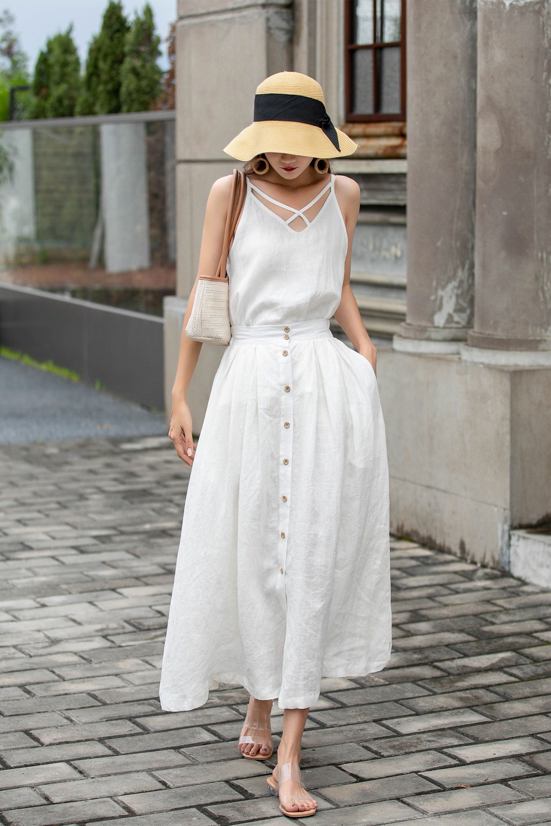 White Linen Skirt, Linen Midi Skirt, Button Front Skirt, Womens Long