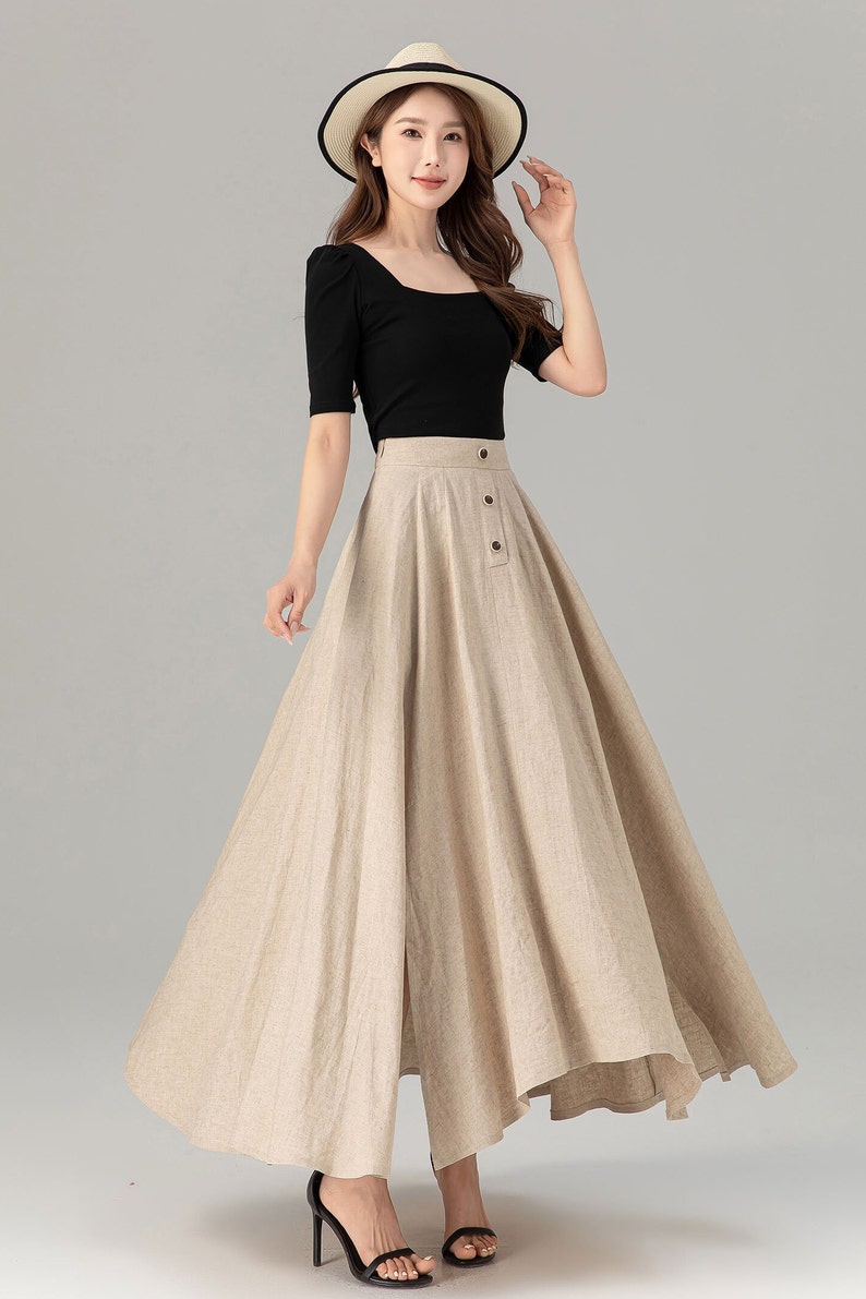 Linen Skirt, Long Skirt, Maxi Skirt, Beige linen Skirt, A-Line Linen Skirt, Swing Skirt, Women Linen Skirt, High Waist Skirt, Xiaolizi 4931 image 8