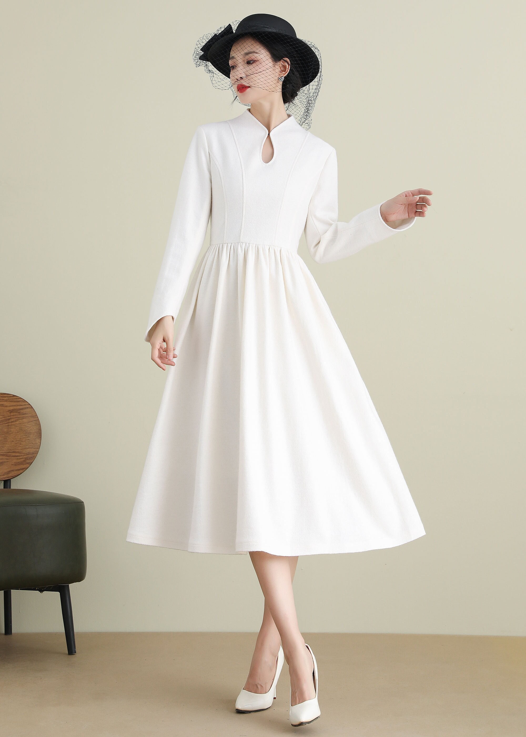 White Wool Dress, Wool Midi Dress, A-line Wool Dress