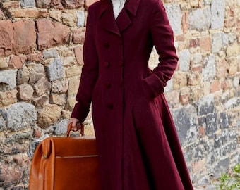 Wool Coat, Wine Red Wool Princess Coat, 1940s Wool Coat, Long Wool