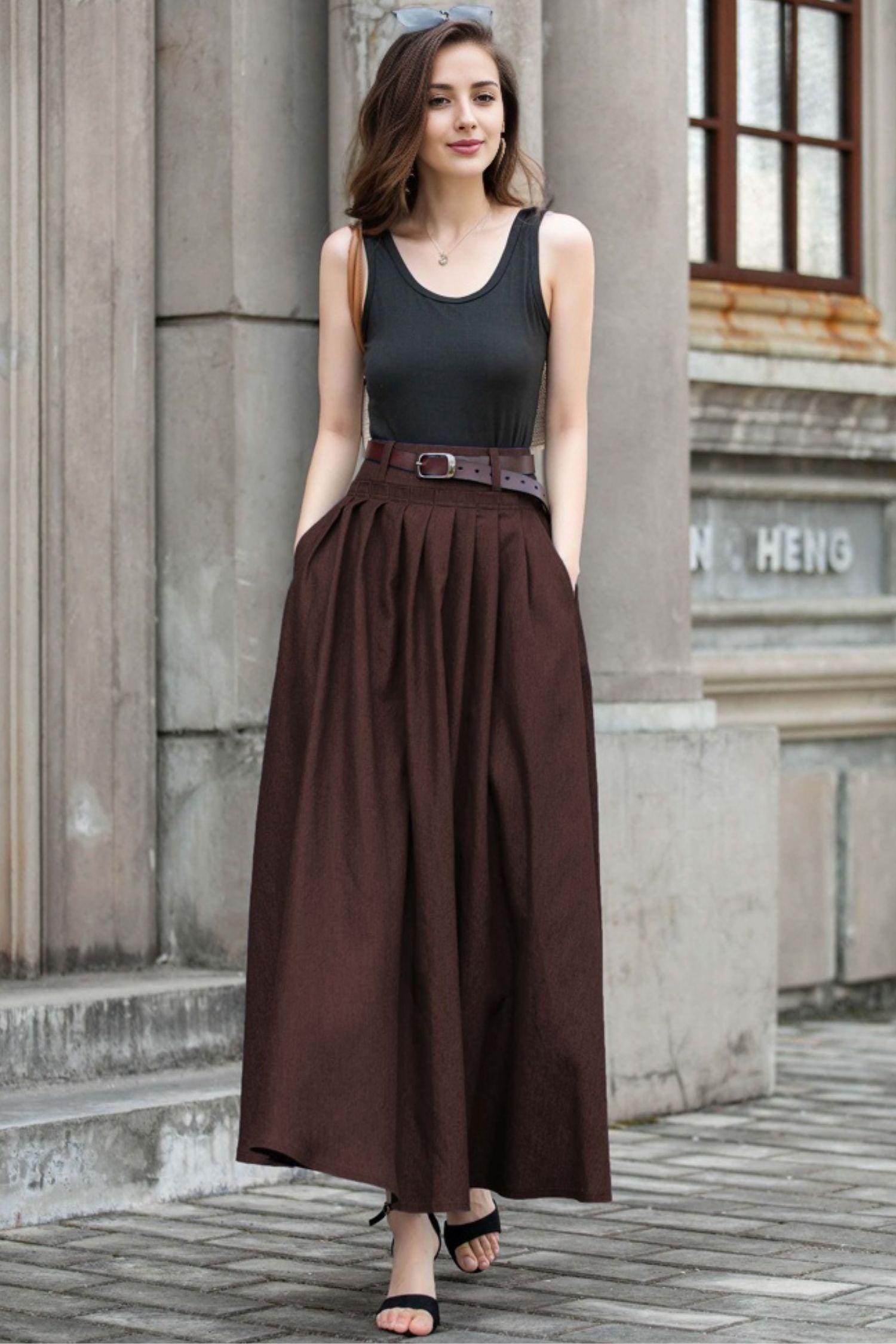 Dark Brown Maxi Linen Skirt, Long Linen Skirt, Pleated Linen