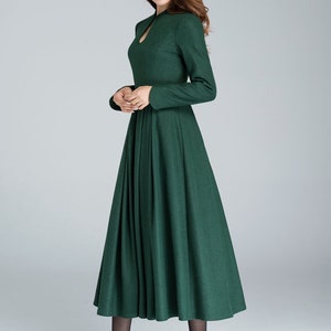 Vintage Inspired Winter Wool Dress Women, Mandarin Collar Wool Dress, A-Line Green Wool Dress, Retro Swing Long Dress, Xiaolizi 1621 image 3