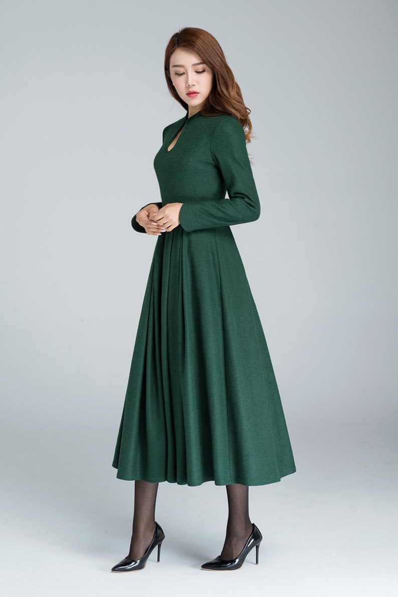Vintage Inspired Winter Wool Dress Women, Mandarin Collar Wool Dress, A-Line Green Wool Dress, Retro Swing Long Dress, Xiaolizi 1621 image 3