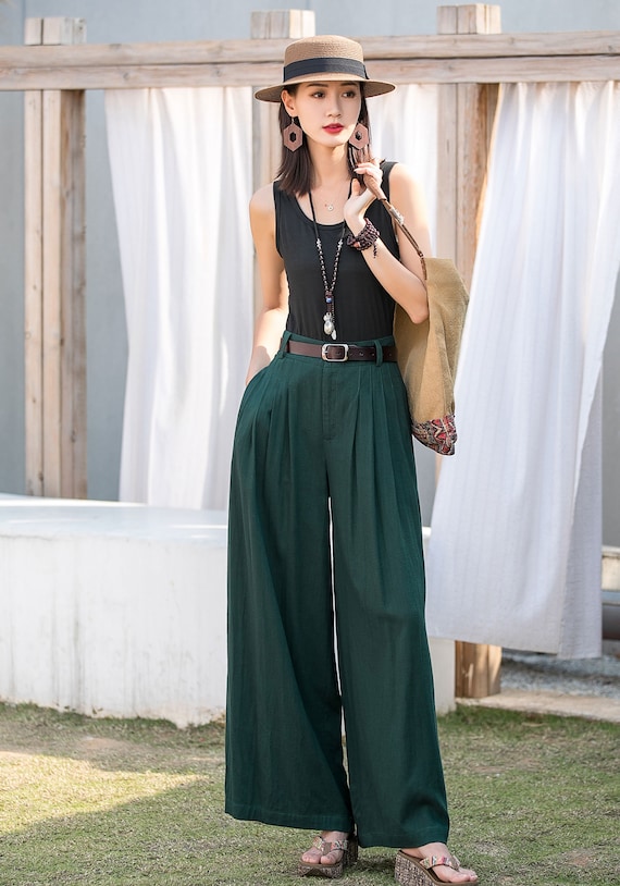 Green linen wide leg pants top