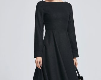 little black dress, wool dress, winter dress for women, long wool dress,  classic dress, womens dresses, fitted dress, elegant dress 2274#