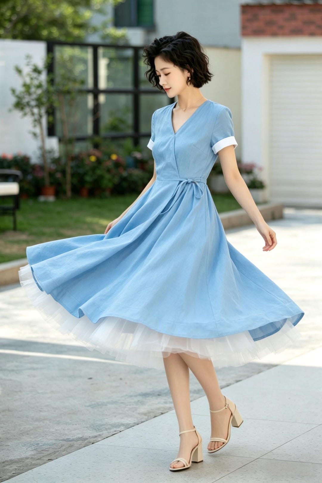 Blue Linen Wrap Dress, French Retro V Neck Midi Dress, Elegant A