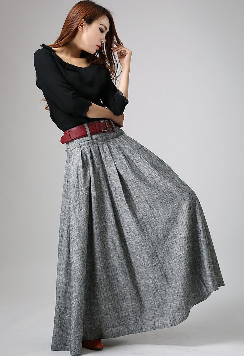 women linen maxi skirt, swing long pleated skirt, gray skirt, pockets skirt, casual skirt, xiaolizi 0911 image 5