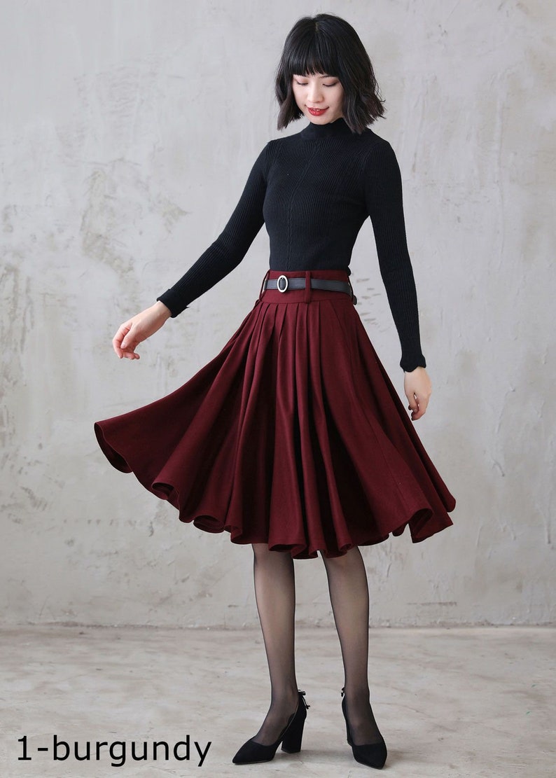 Winter Circle Wool Skirt, Wool Midi Skirt, High Waisted Skirt, Swing Wool Skirt, A Line Pleated Skirt, Full Skater Skirt, Flared Skirt 3110 1-Burgundy