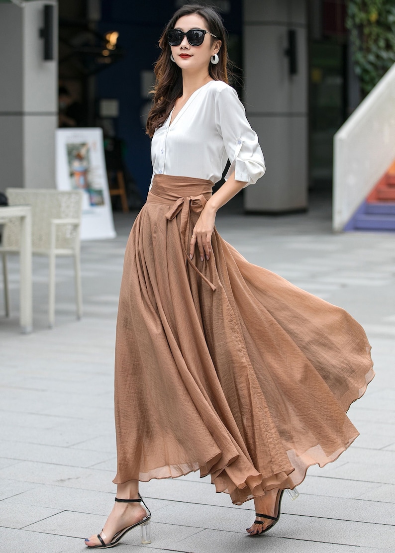 Summer Swing Chiffon maxi Skirt, Circle Long chiffon Skirt for Women, Flowy Pleated Long Skirt, Belted chiffon skirt, Mod Clothing 3533 image 3