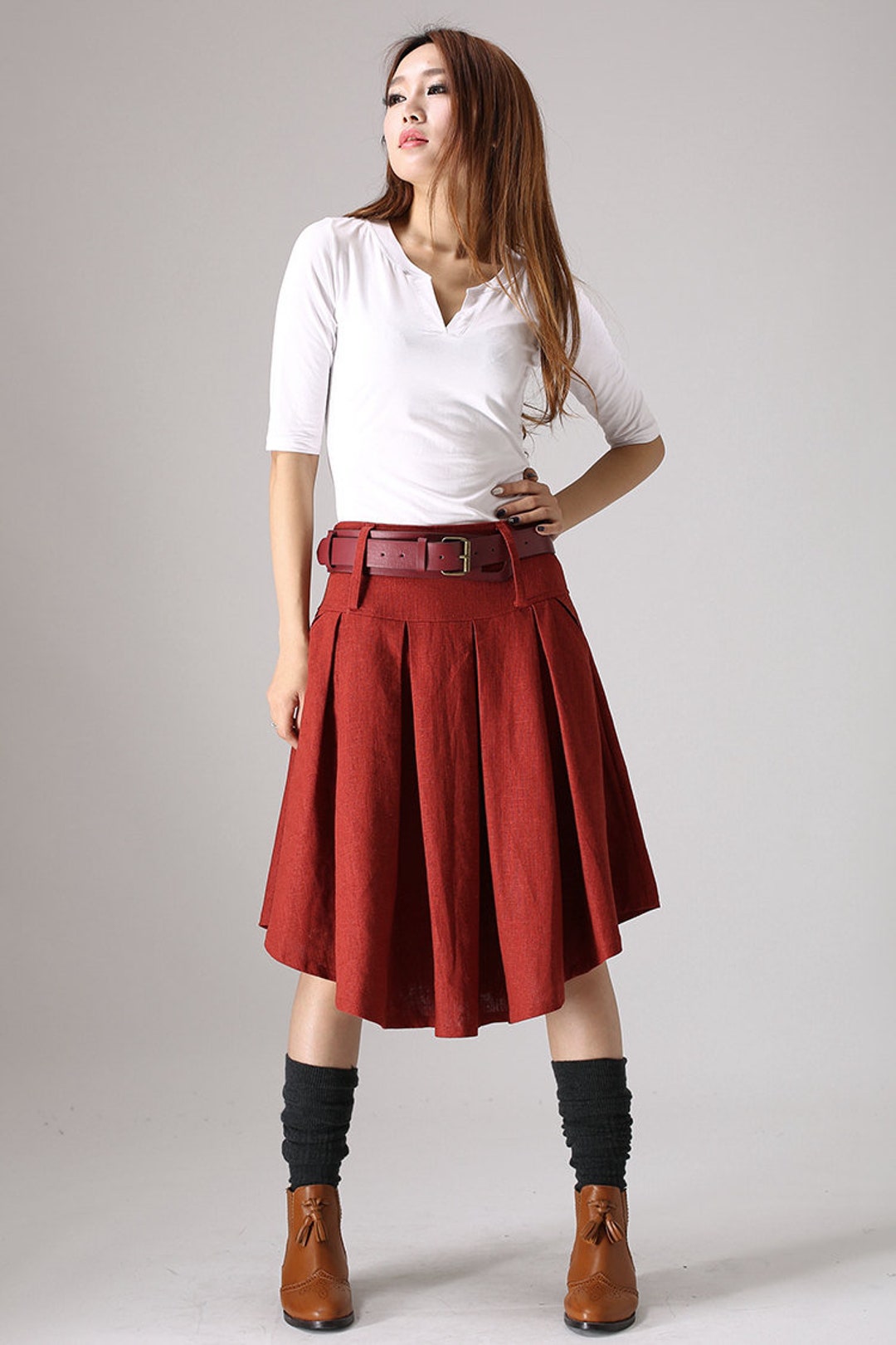 Red Linen Skirt, Asymmetrical Linen Midi Skirt, Woman Pleated Linen